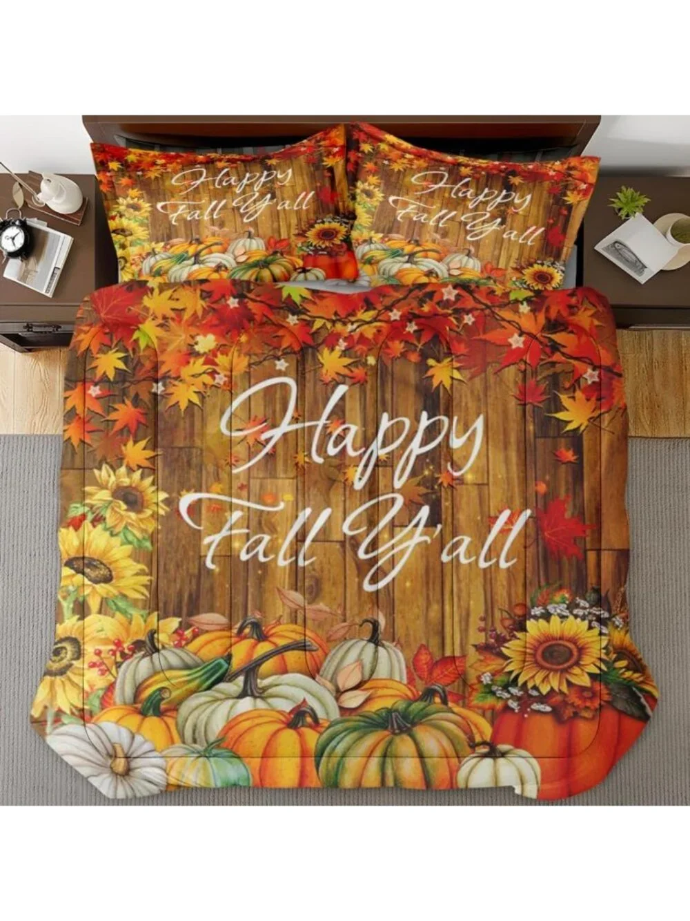 Cozy King Comforter Set of 3, Floral Sunflower & Pumpkin Bedroom Decor